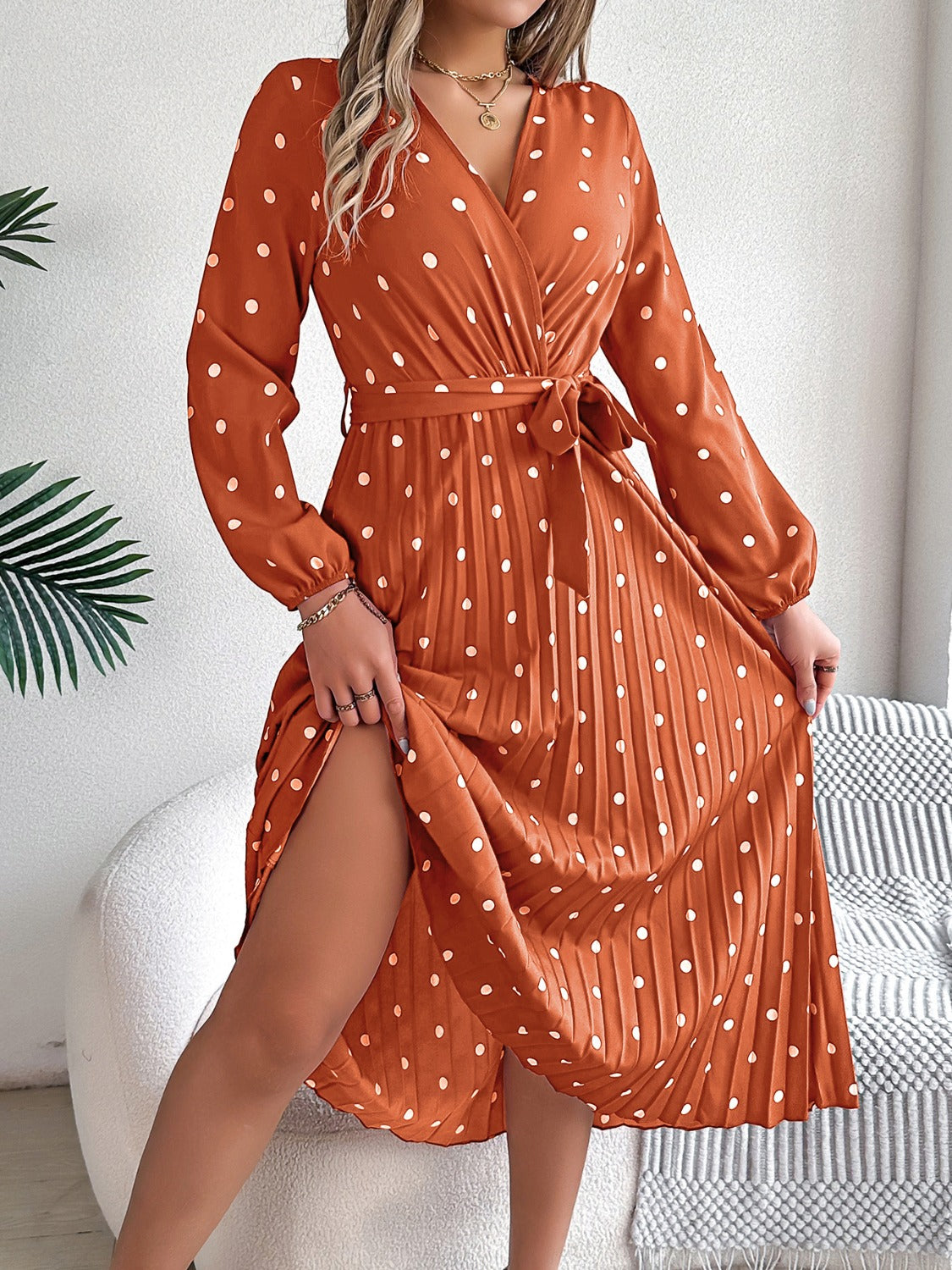 Blue Zone Planet | Tied Polka Dot Long Sleeve Midi Dress-TOPS / DRESSES-[Adult]-[Female]-2022 Online Blue Zone Planet