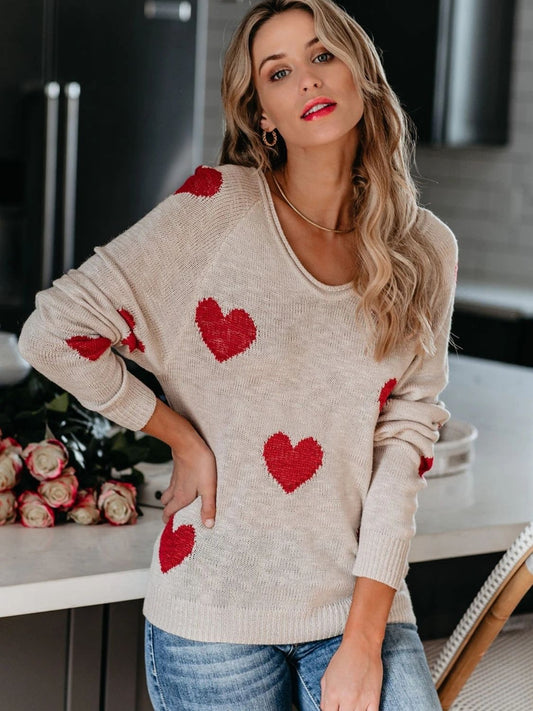 Heart Scoop Neck Long Sleeve Sweater-TOPS / DRESSES-[Adult]-[Female]-Eggshell-S-2022 Online Blue Zone Planet