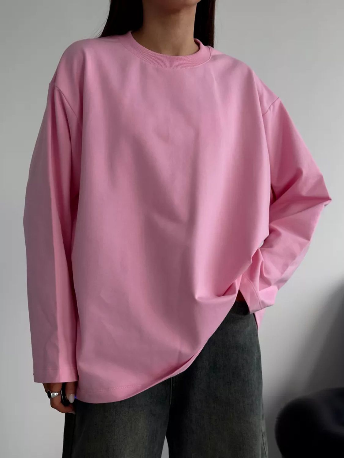 Round Neck Dropped Shoulder Long Sleeve T-Shirt-TOPS / DRESSES-[Adult]-[Female]-Pink-S-2022 Online Blue Zone Planet