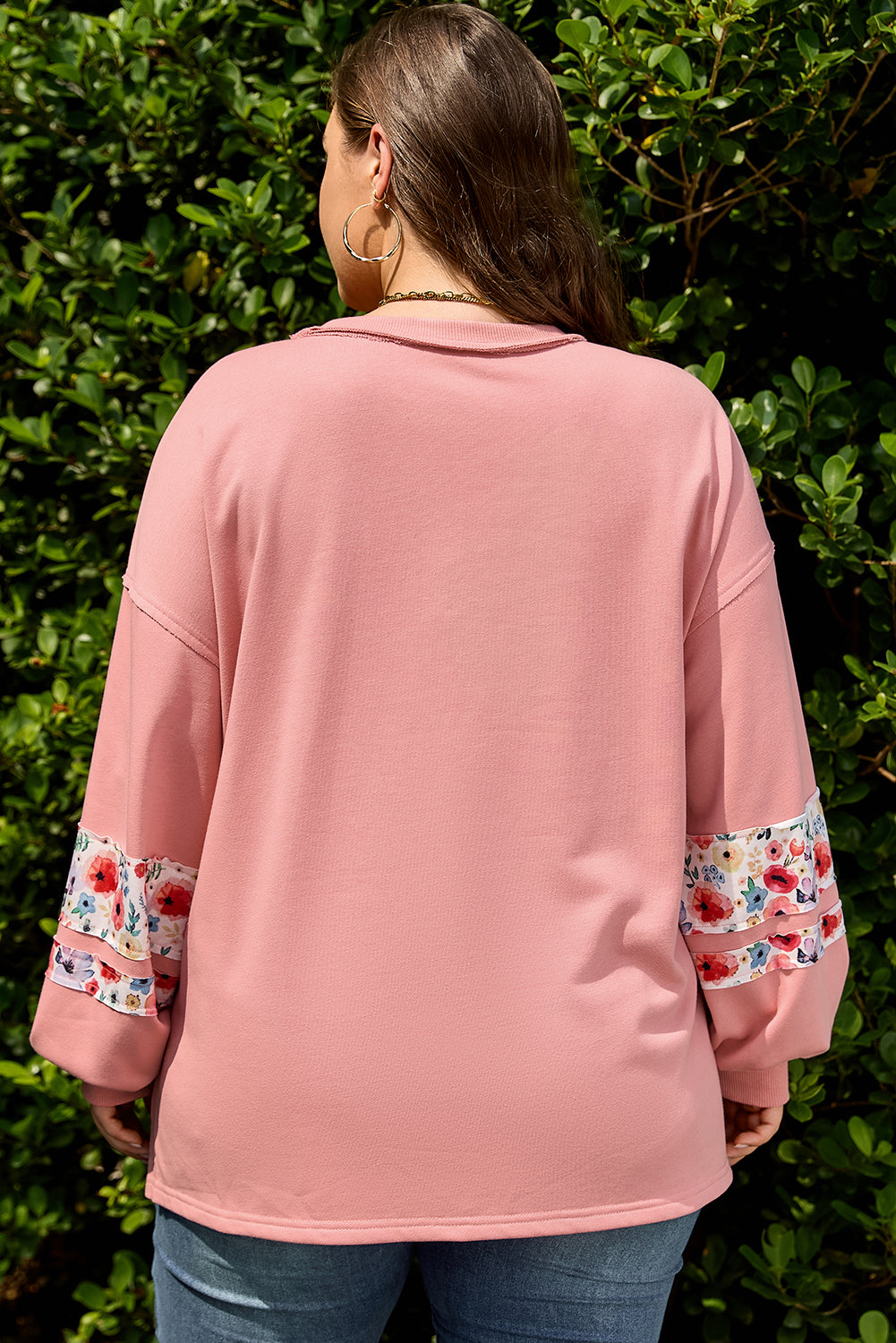 Peach Blossom Plus Size Floral Applique Drop Shoulder Sweatshirt-Plus Size/Plus Size Sweatshirts & Hoodies-[Adult]-[Female]-2022 Online Blue Zone Planet