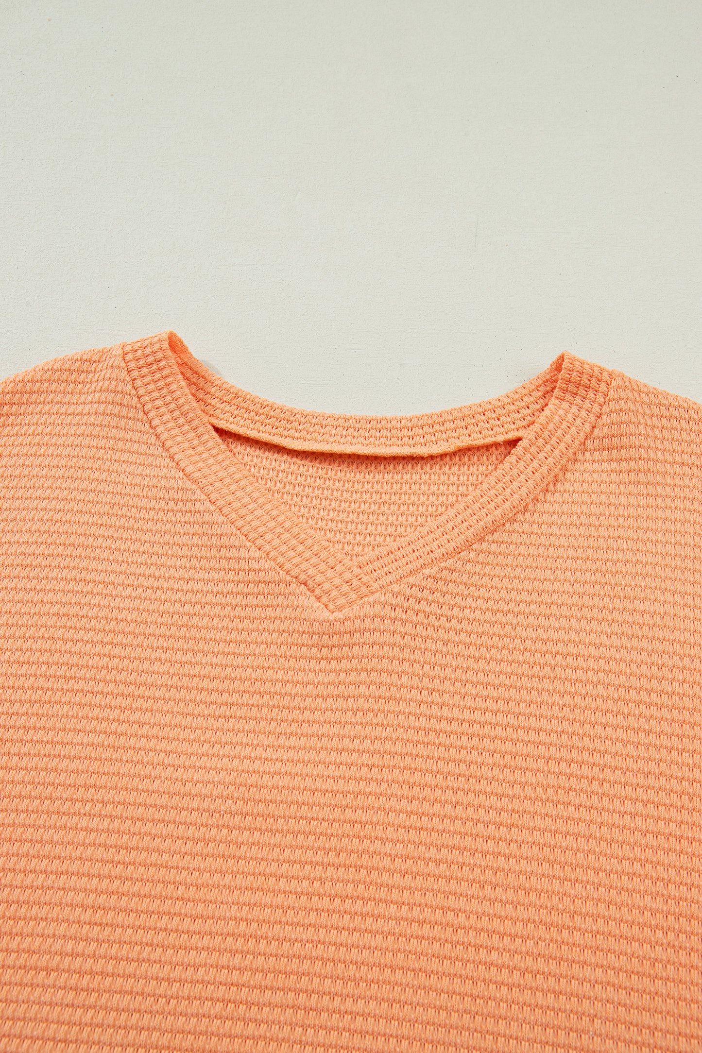 Grapefruit Orange Waffle V Neck Short Sleeve Knit Top-Tops/Tops & Tees-[Adult]-[Female]-2022 Online Blue Zone Planet