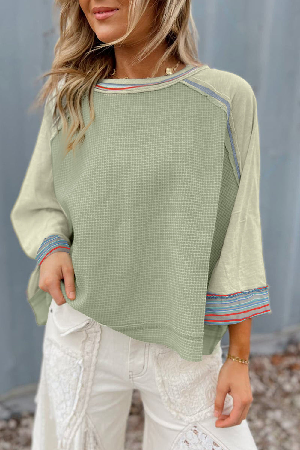 Blue Zone Planet | Meadow Mist Green Waffle Knit Wide Bracelet Sleeve Patchwork Raglan Top-Tops/Long Sleeve Tops-[Adult]-[Female]-Meadow Mist Green-S-2022 Online Blue Zone Planet