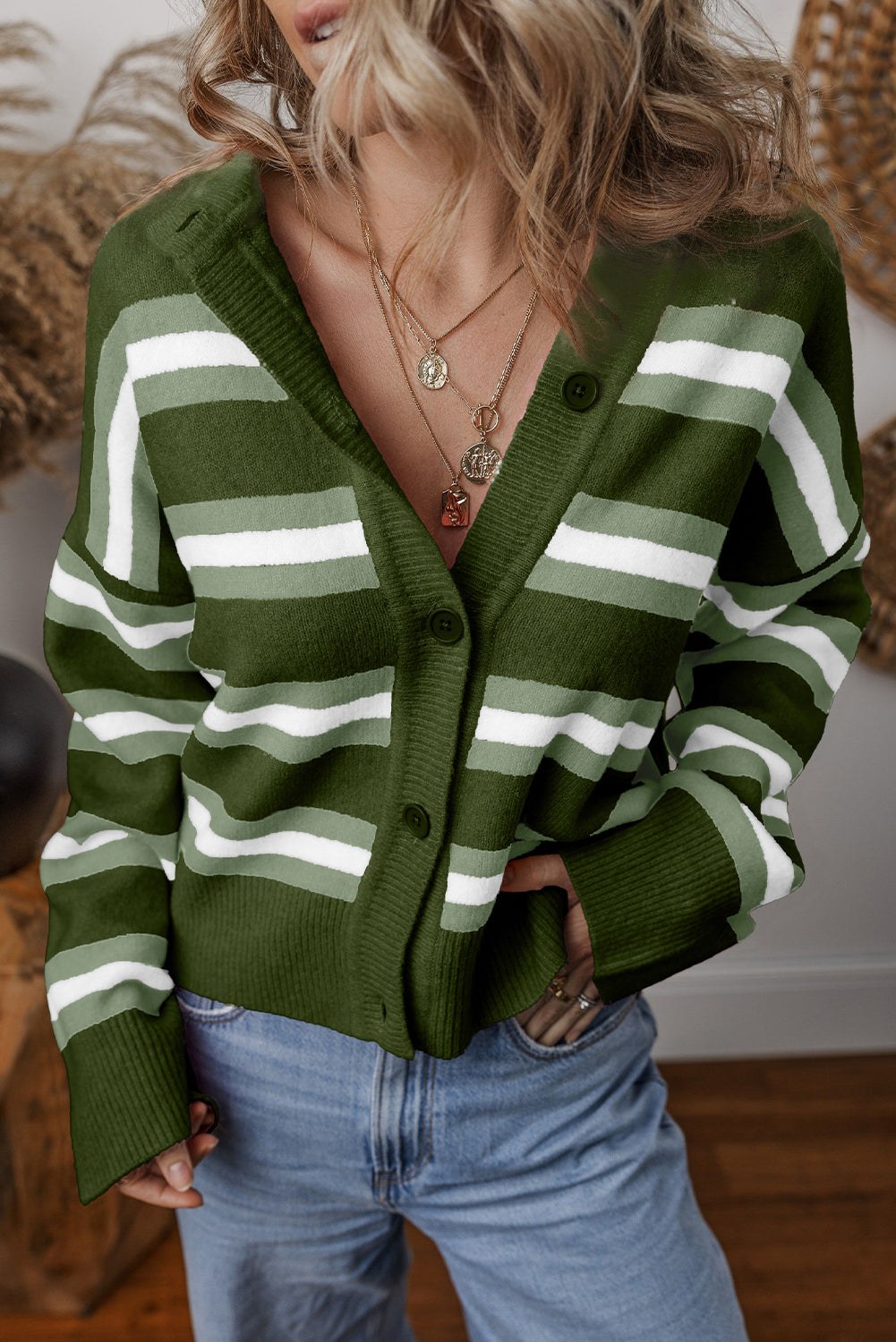 Green Stripe Drop Shoulder Buttons Cardigan Sweater-Sweaters & Cardigans/Cardigans-[Adult]-[Female]-Green Stripe-S-2022 Online Blue Zone Planet
