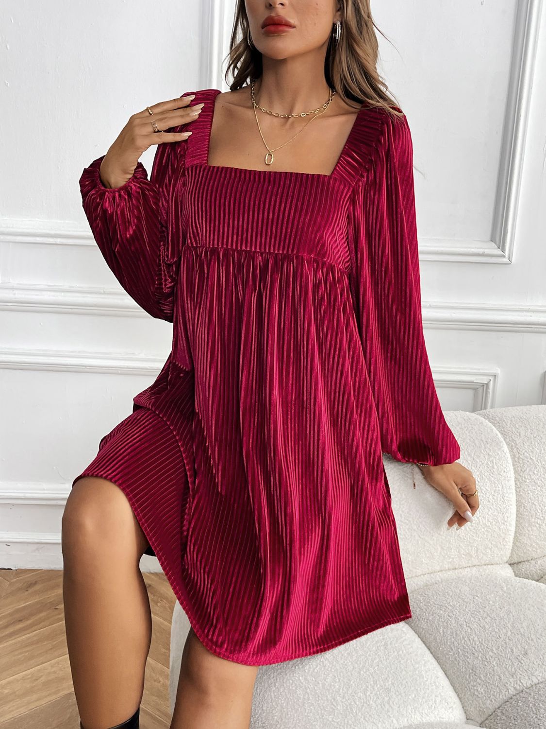 Perfee Tied Pocketed Square Neck Long Sleeve Dress-TOPS / DRESSES-[Adult]-[Female]-2022 Online Blue Zone Planet