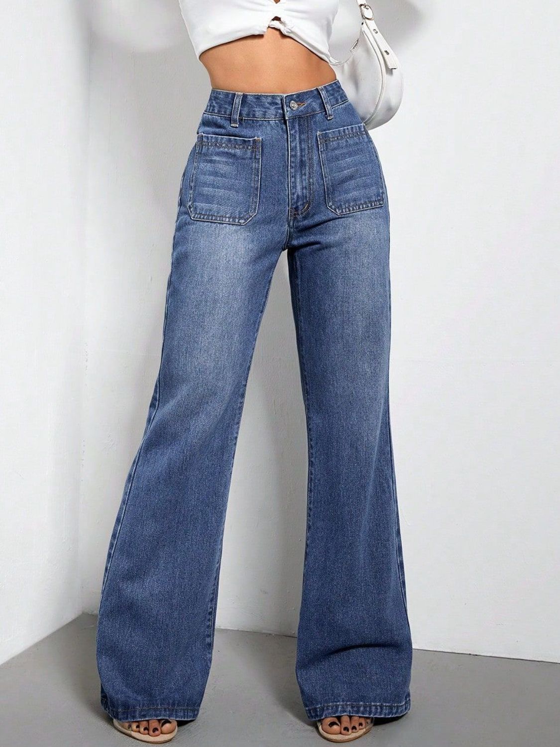 High Waist Bootcut Jeans with Pockets-BOTTOMS SIZES SMALL MEDIUM LARGE-[Adult]-[Female]-2022 Online Blue Zone Planet