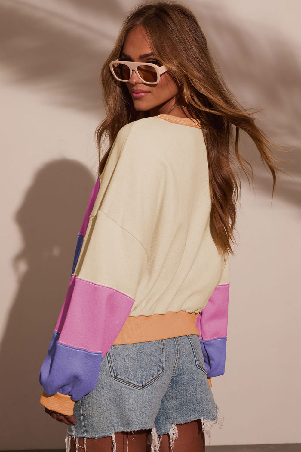 Phalaenopsis Color Block Patchwork Drop Shoulder Cropped Sweatshirt-Tops/Sweatshirts & Hoodies-[Adult]-[Female]-2022 Online Blue Zone Planet