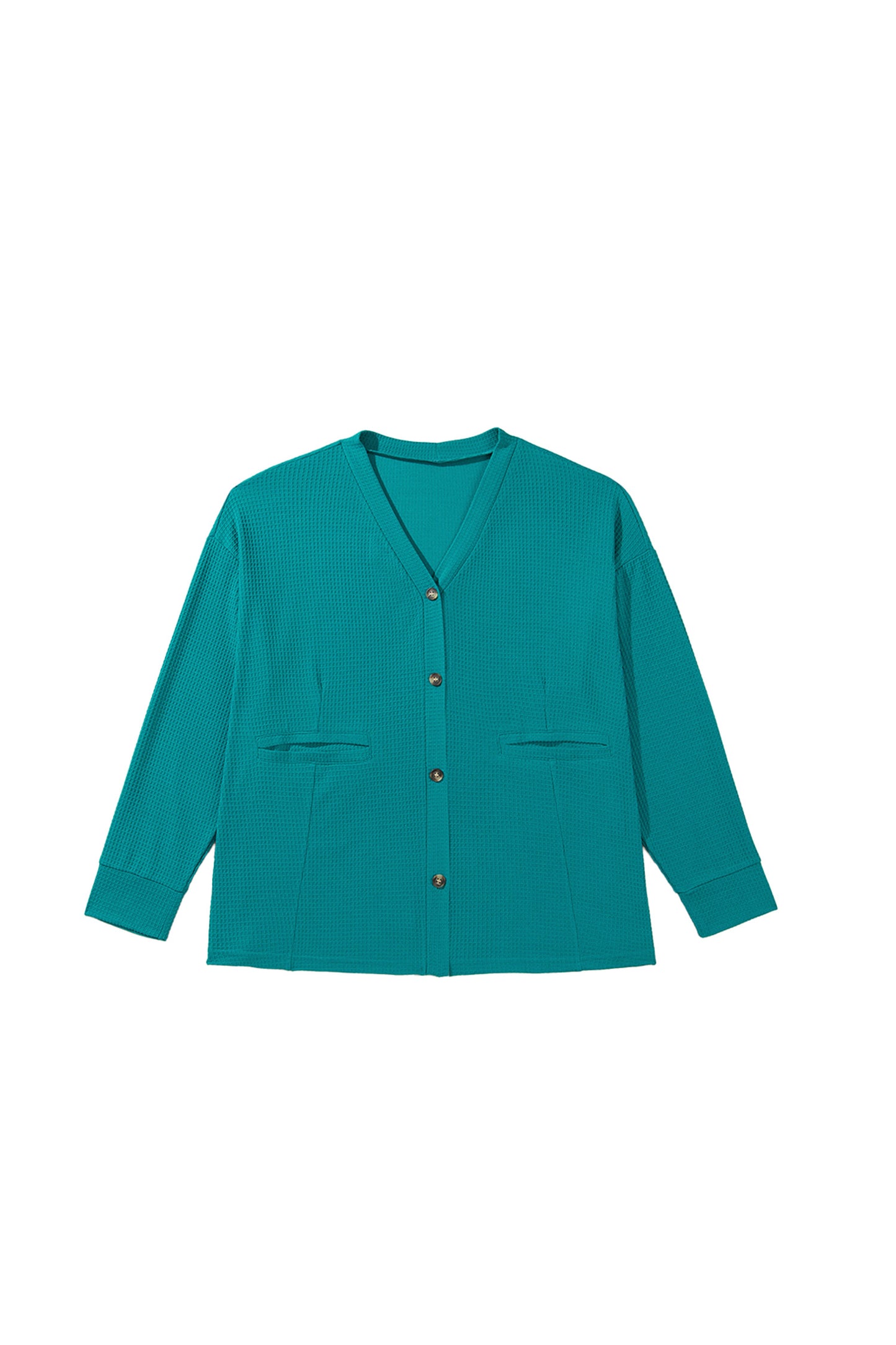 Lapis V Neck Waffle Textured Button Front Tunic Long Sleeve Plus Size Cardigan-Plus Size/Plus Size Outerwear-[Adult]-[Female]-2022 Online Blue Zone Planet