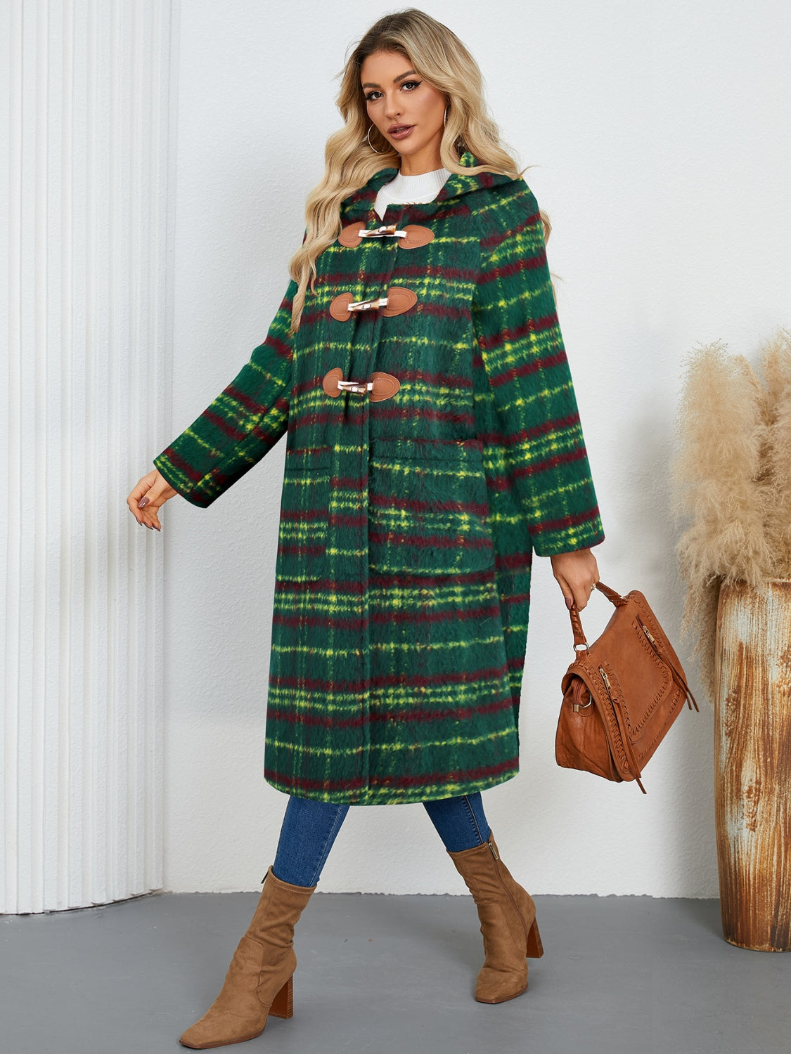 Plaid Long Sleeve Hooded Coat with Pockets-TOPS / DRESSES-[Adult]-[Female]-2022 Online Blue Zone Planet