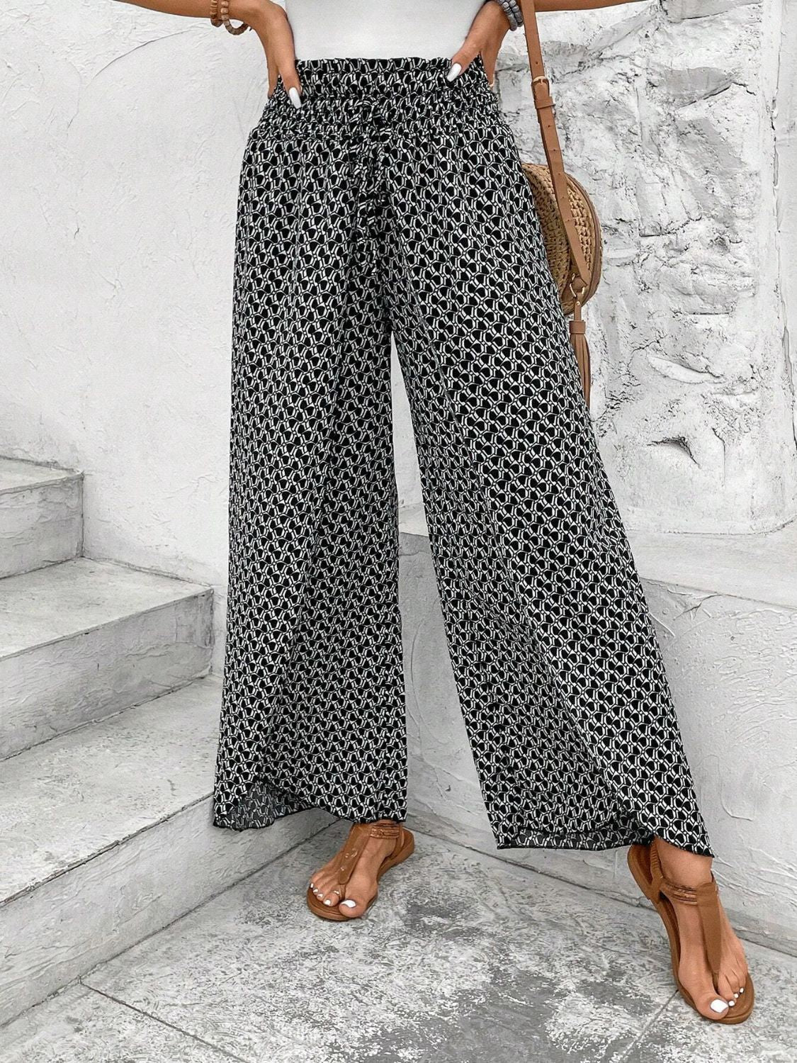 Blue Zone Planet | Tied Printed Wide Leg Pants-BOTTOMS SIZES SMALL MEDIUM LARGE-[Adult]-[Female]-Black-S-2022 Online Blue Zone Planet