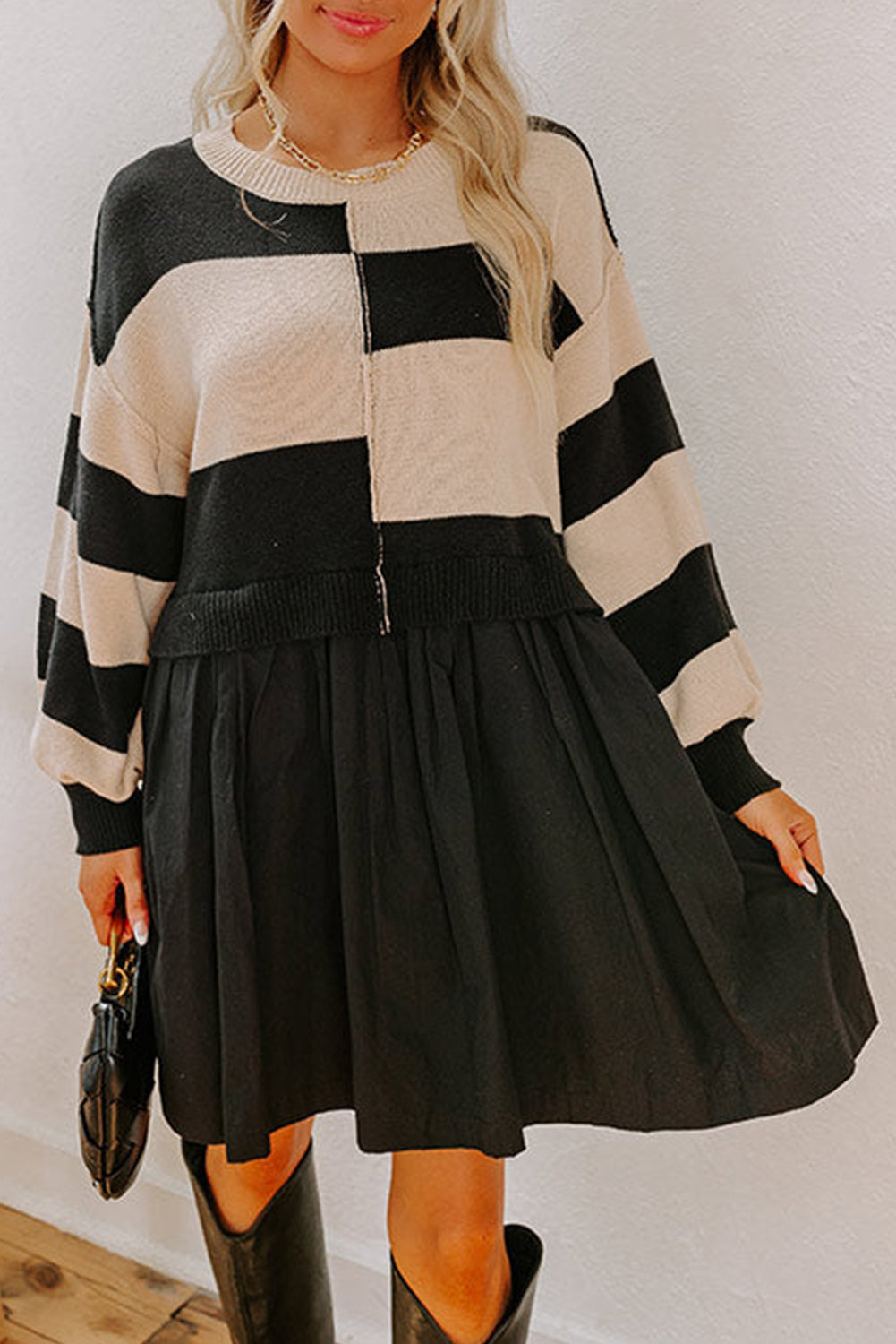 Black Stripe Two in One Knitted Top High Waist Splicing Hem Sweater Dress-TOPS / DRESSES-[Adult]-[Female]-Black Stripe-S-2022 Online Blue Zone Planet