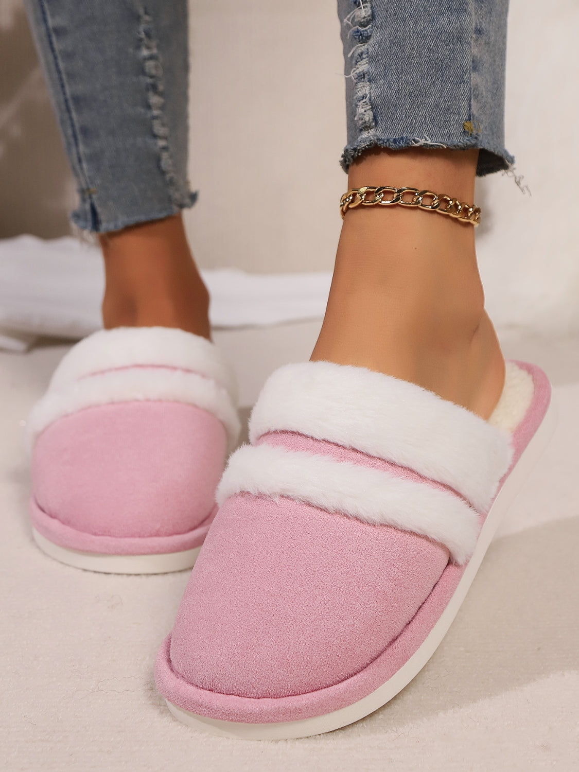 Contrast Faux Fur Round Toe Slippers-SHOES-[Adult]-[Female]-2022 Online Blue Zone Planet