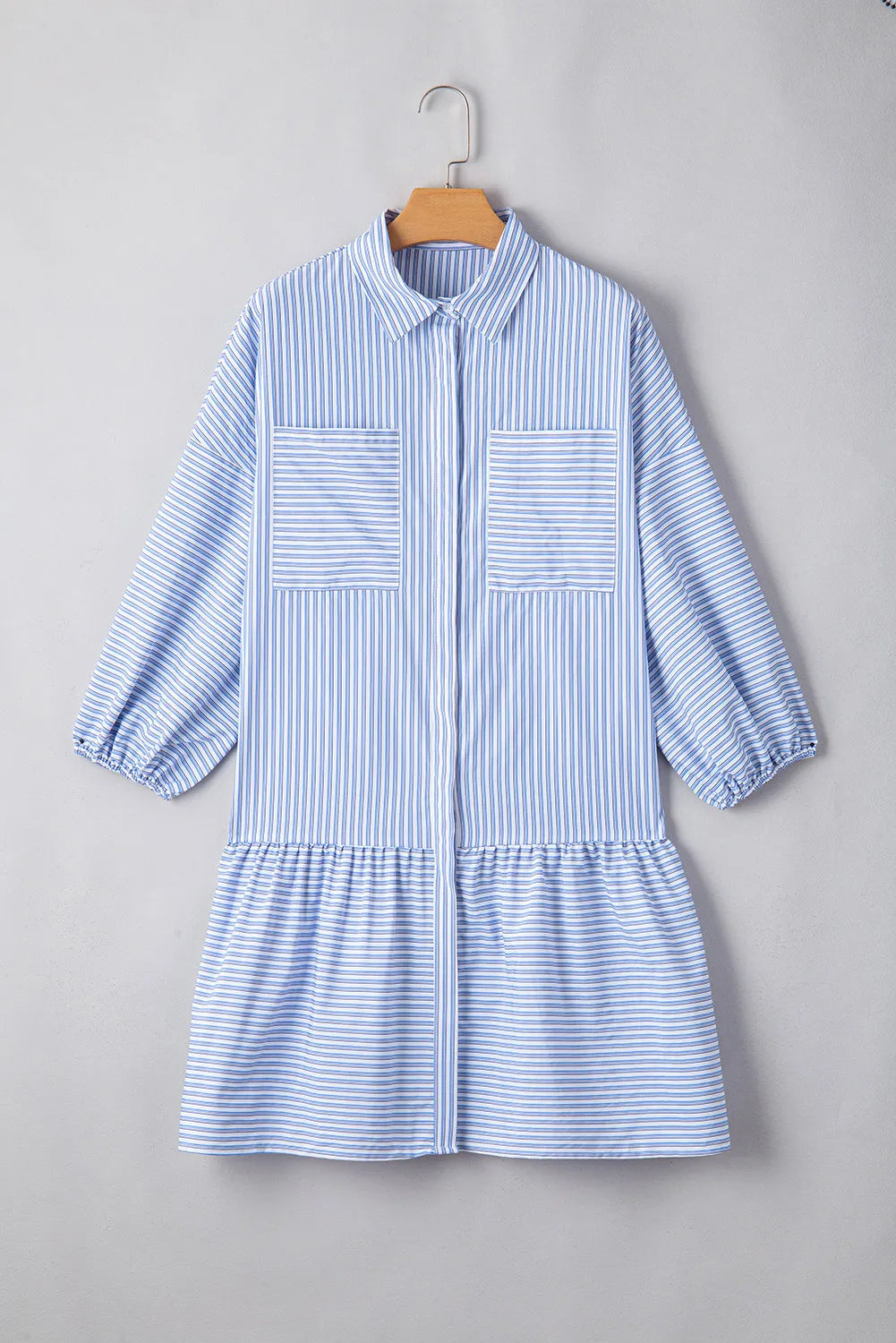 Striped Collared Neck Mini Dress-TOPS / DRESSES-[Adult]-[Female]-2022 Online Blue Zone Planet