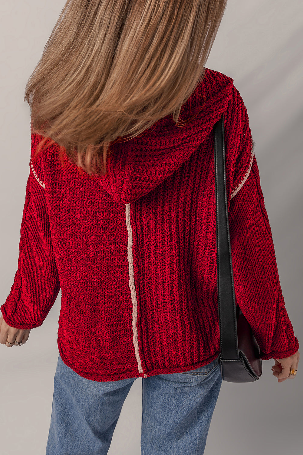 Racing Red Color Contrast Trim Textured Knit Drawstring Hooded Sweater-TOPS / DRESSES-[Adult]-[Female]-2022 Online Blue Zone Planet