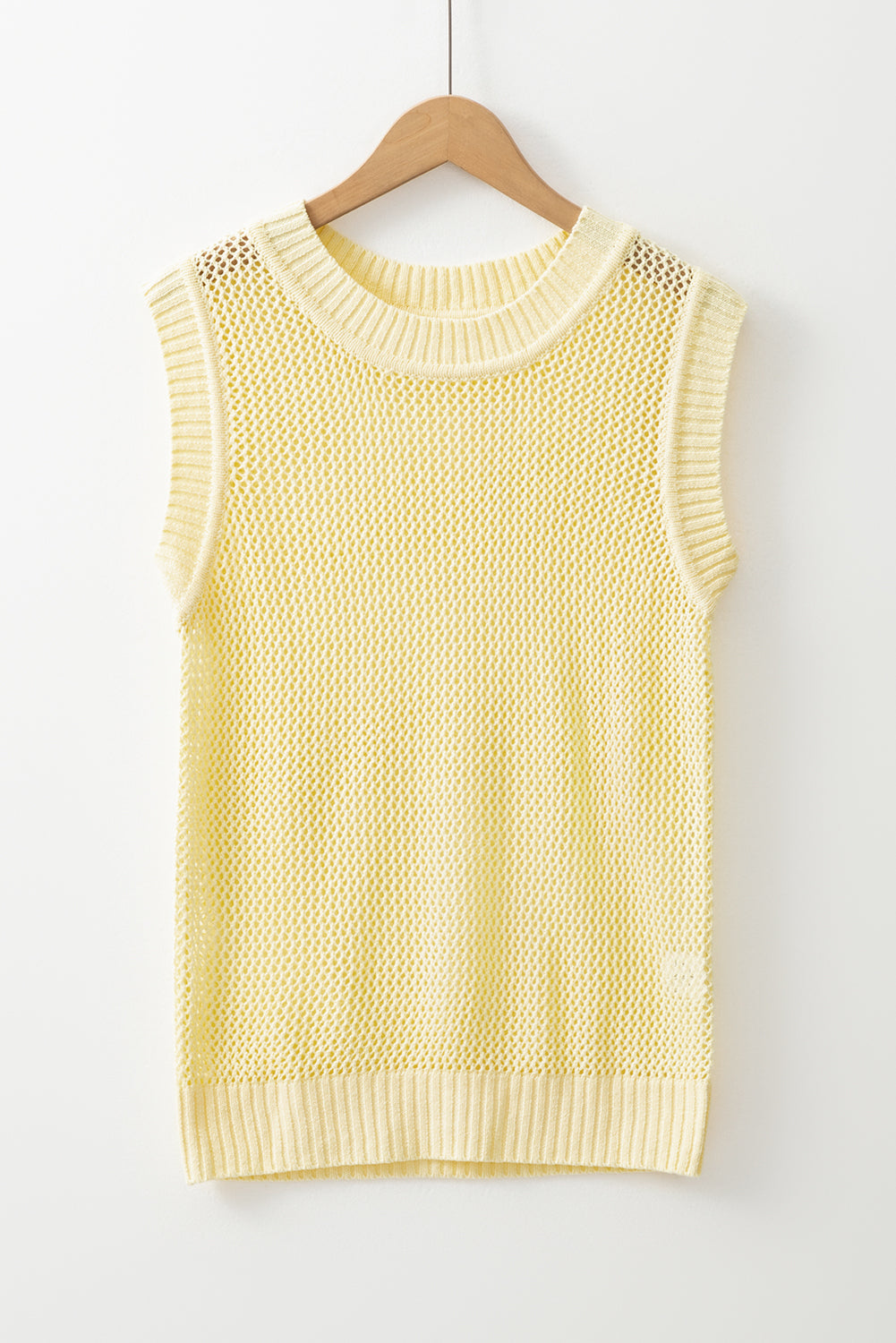 Yellow Solid Color Hollowed Knit Round Neck Sweater Vest-Sweaters & Cardigans/Sweater Vests-[Adult]-[Female]-2022 Online Blue Zone Planet