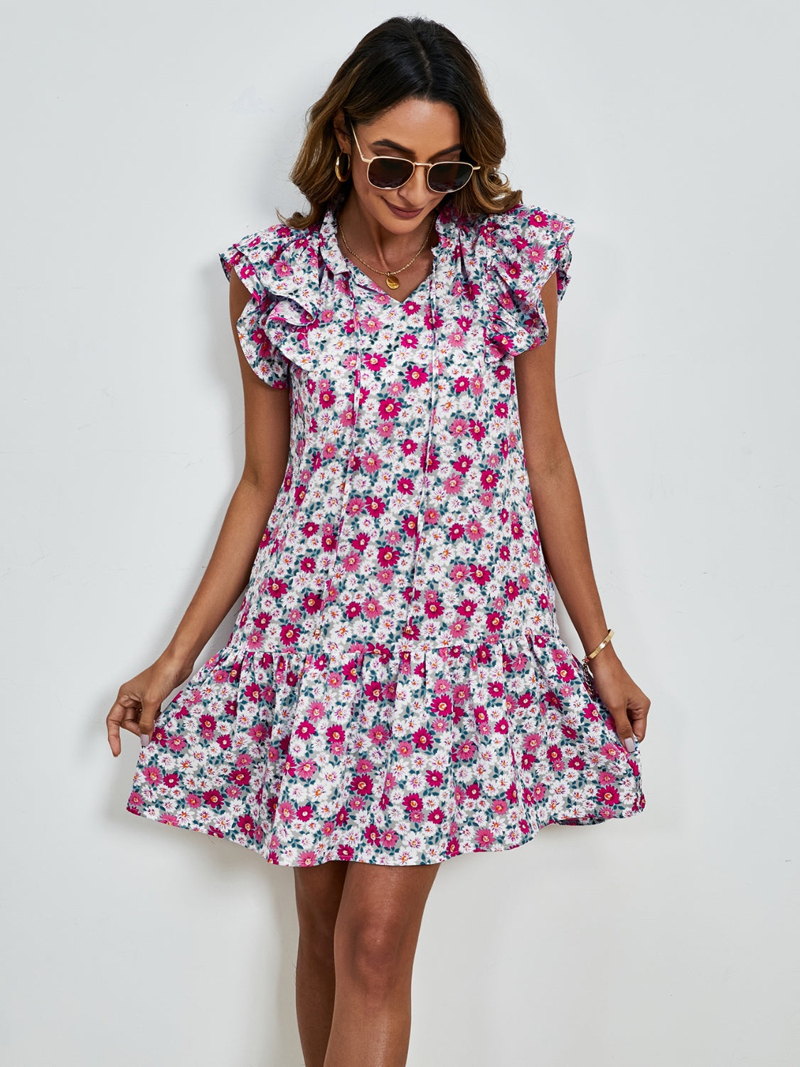 Tied Floral Cap Sleeve Mini Dress-TOPS / DRESSES-[Adult]-[Female]-Hot Pink-S-2022 Online Blue Zone Planet