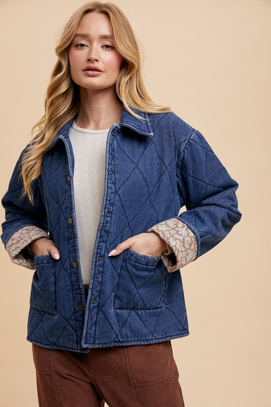 Annie Wear Quilted Printed Lining Snap Down Denim Jacket-TOPS / DRESSES-[Adult]-[Female]-2022 Online Blue Zone Planet