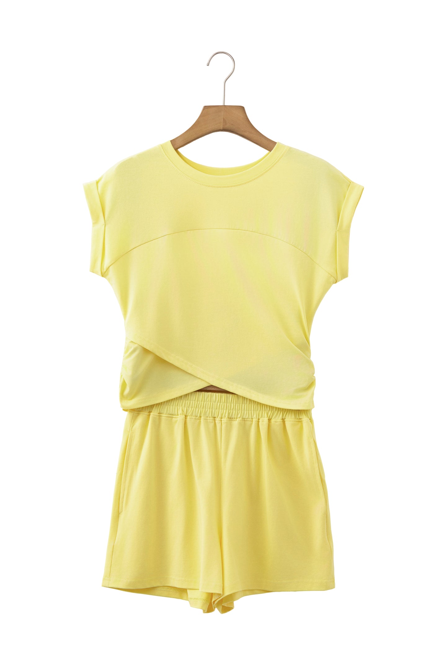 Mint Green Solid Short Sleeve Elastic Waist Pocket Casual Two Piece Short Set-Two Piece Sets/Short Sets-[Adult]-[Female]-2022 Online Blue Zone Planet