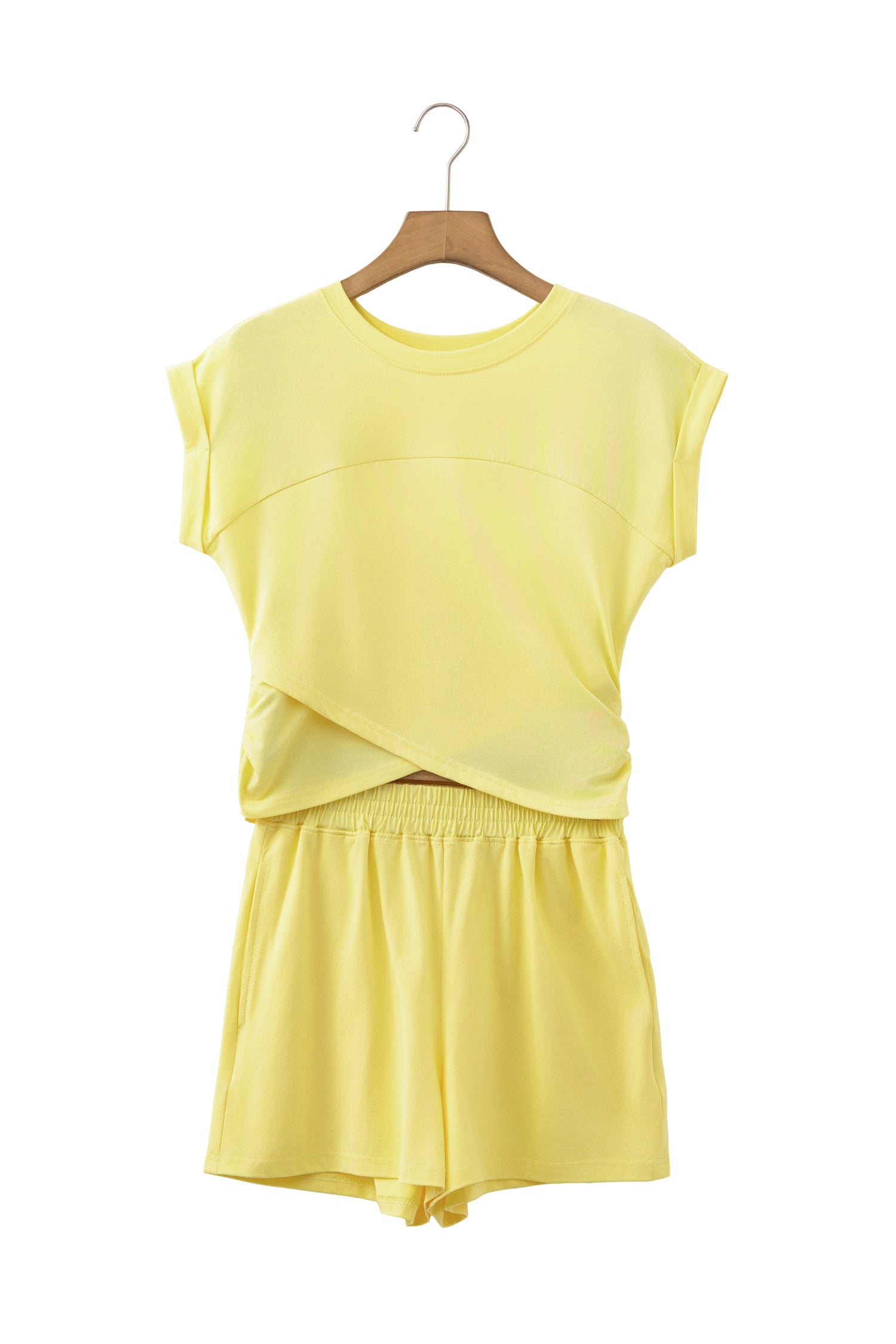 Mint Green Solid Short Sleeve Elastic Waist Pocket Casual Two Piece Short Set-Two Piece Sets/Short Sets-[Adult]-[Female]-2022 Online Blue Zone Planet