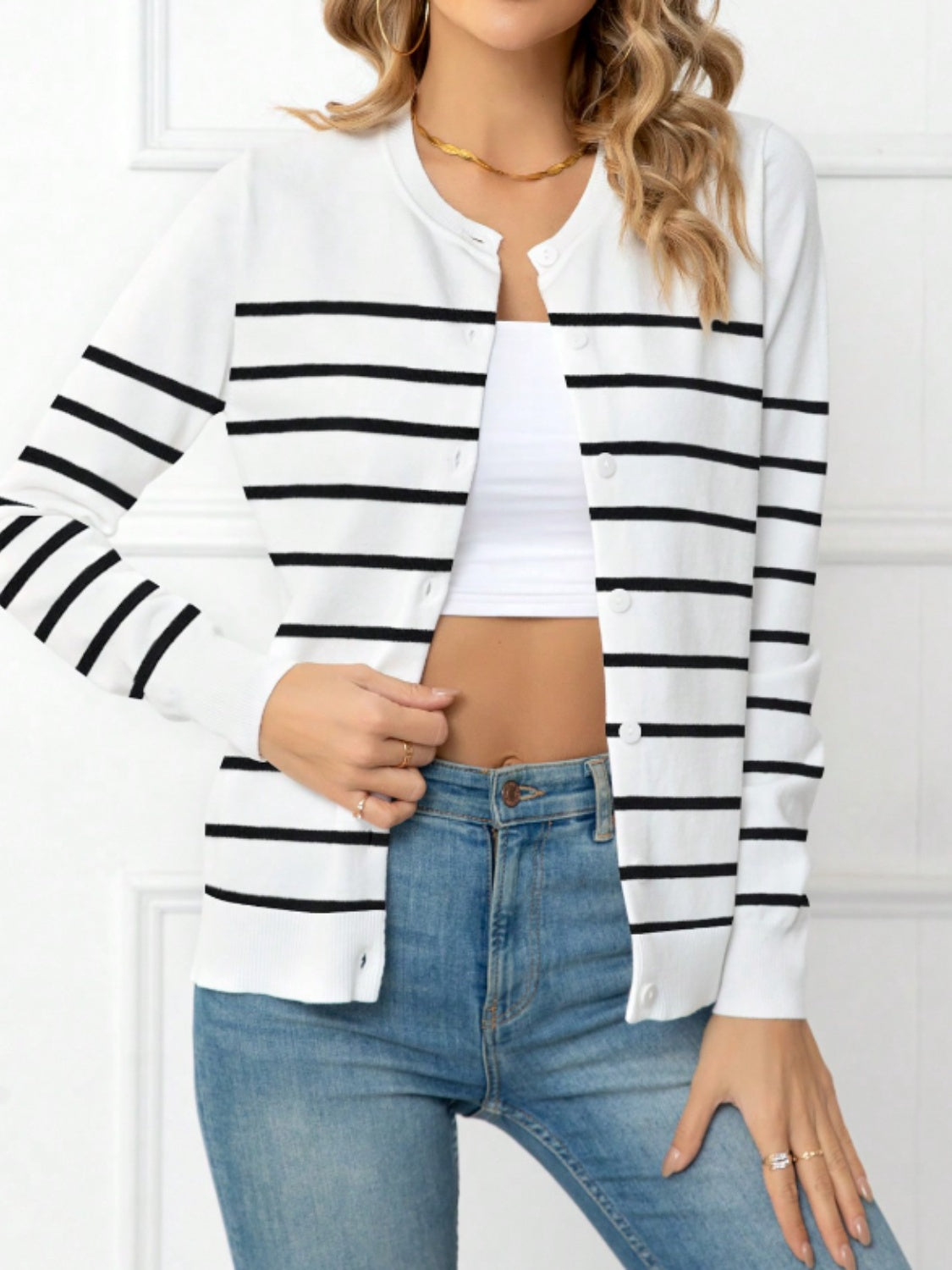 Blue Zone Planet | Striped Round Neck Button Up Cardigan-TOPS / DRESSES-[Adult]-[Female]-White-S-2022 Online Blue Zone Planet