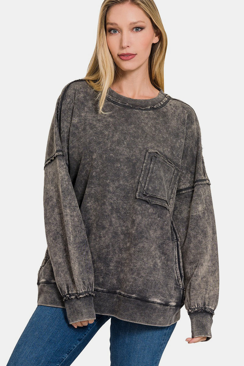 Blue Zone Planet | Zenana Exposed Seam Round Neck Dropped Shoulder Sweatshirt-TOPS / DRESSES-[Adult]-[Female]-Ash Black-S-2022 Online Blue Zone Planet