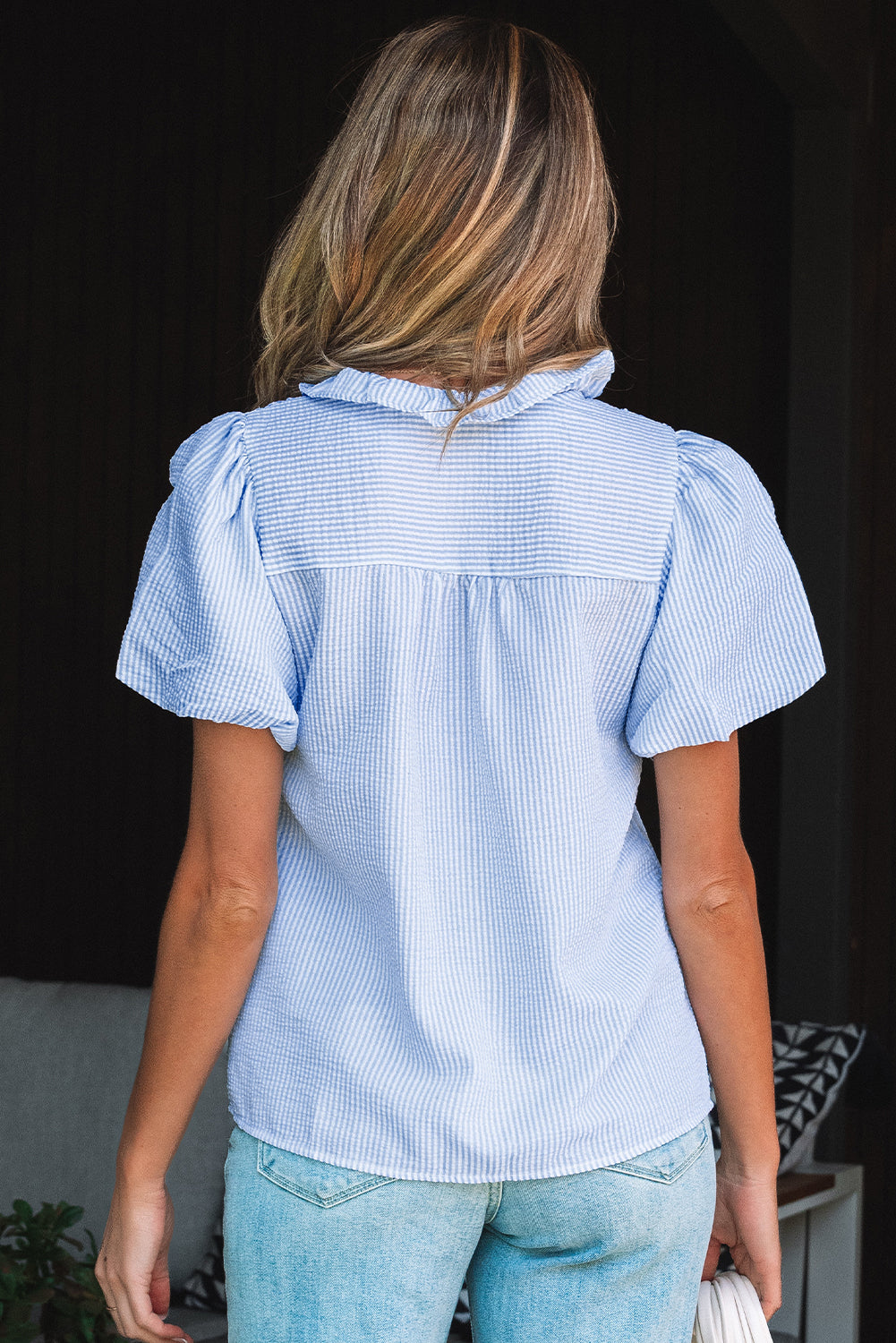 Beau Blue Striped Ruffle Short Bubble Sleeve Shirt-Tops/Blouses & Shirts-[Adult]-[Female]-2022 Online Blue Zone Planet