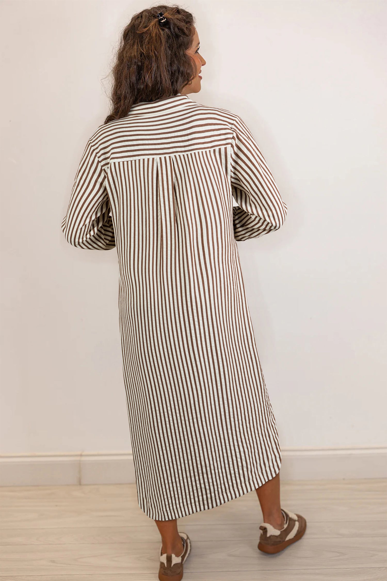 Brown Stripe Textured 3/4 Sleeve Round Hem Split Midi Shirt Dress-TOPS / DRESSES-[Adult]-[Female]-2022 Online Blue Zone Planet