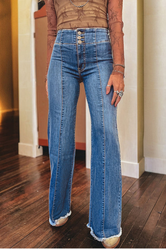 Blue Zone Planet | Sail Blue High Waist Button Fly Seamed Raw Hem Flare Jeans-Bottoms/Jeans-[Adult]-[Female]-Sail Blue-4-2022 Online Blue Zone Planet