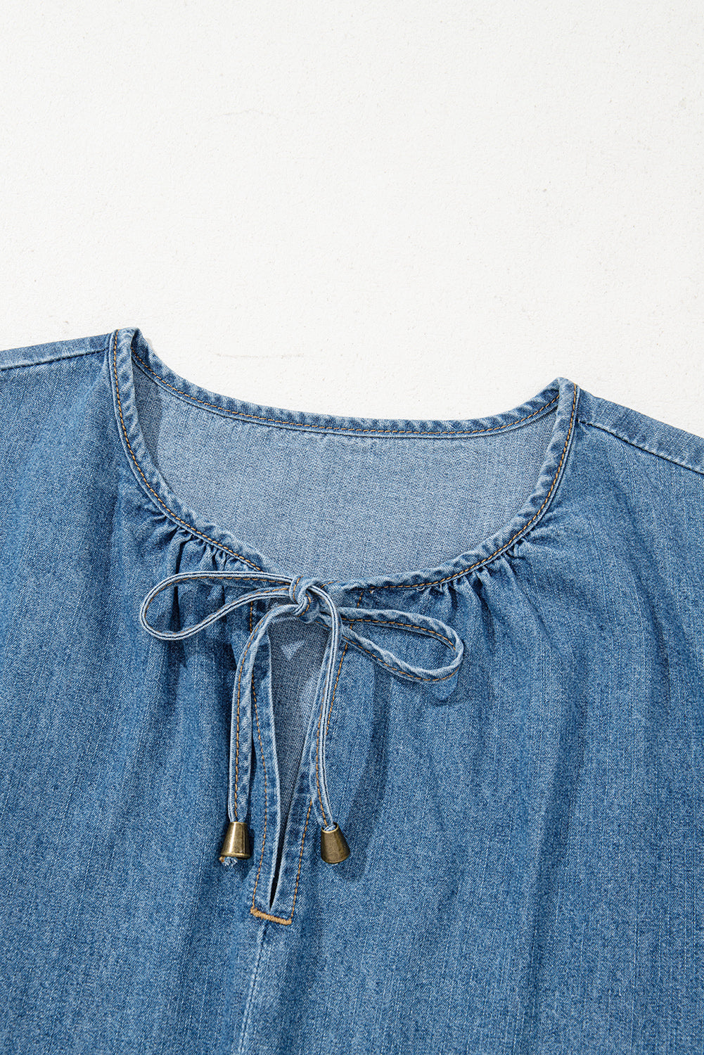 Dusk Blue Denim Ruffled Sleeve Lace up Front Peplum Top-Tops/Bodysuits-[Adult]-[Female]-2022 Online Blue Zone Planet
