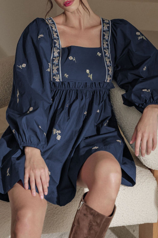Floral Square Neck Balloon Sleeve Mini Dress-TOPS / DRESSES-[Adult]-[Female]-Dark Navy-S-2022 Online Blue Zone Planet
