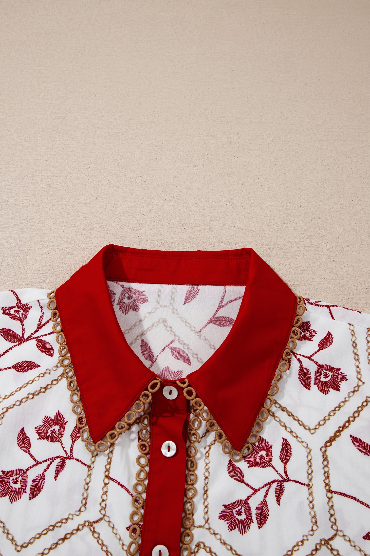 Red Geometric Floral Print Lace Trim Collared Short Sleeve Mini Dress-TOPS / DRESSES-[Adult]-[Female]-2022 Online Blue Zone Planet