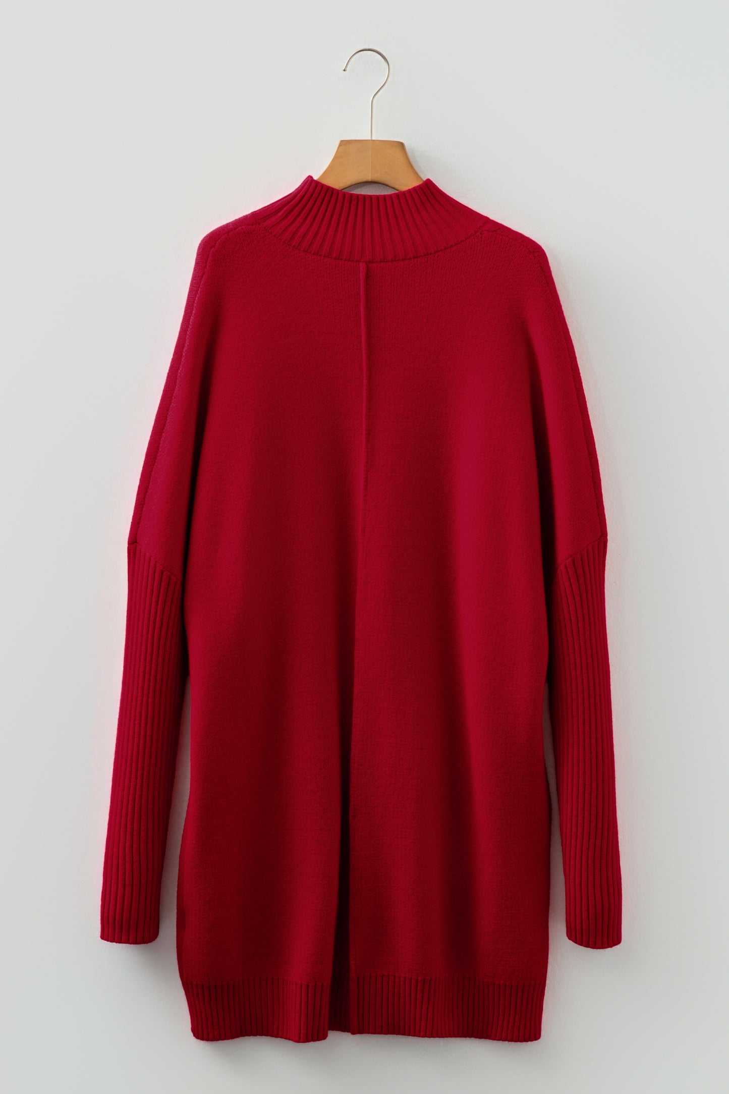 Fiery Red Ribbed High Neck Front Pockets Center Seam Shift Sweater Dress-TOPS / DRESSES-[Adult]-[Female]-2022 Online Blue Zone Planet
