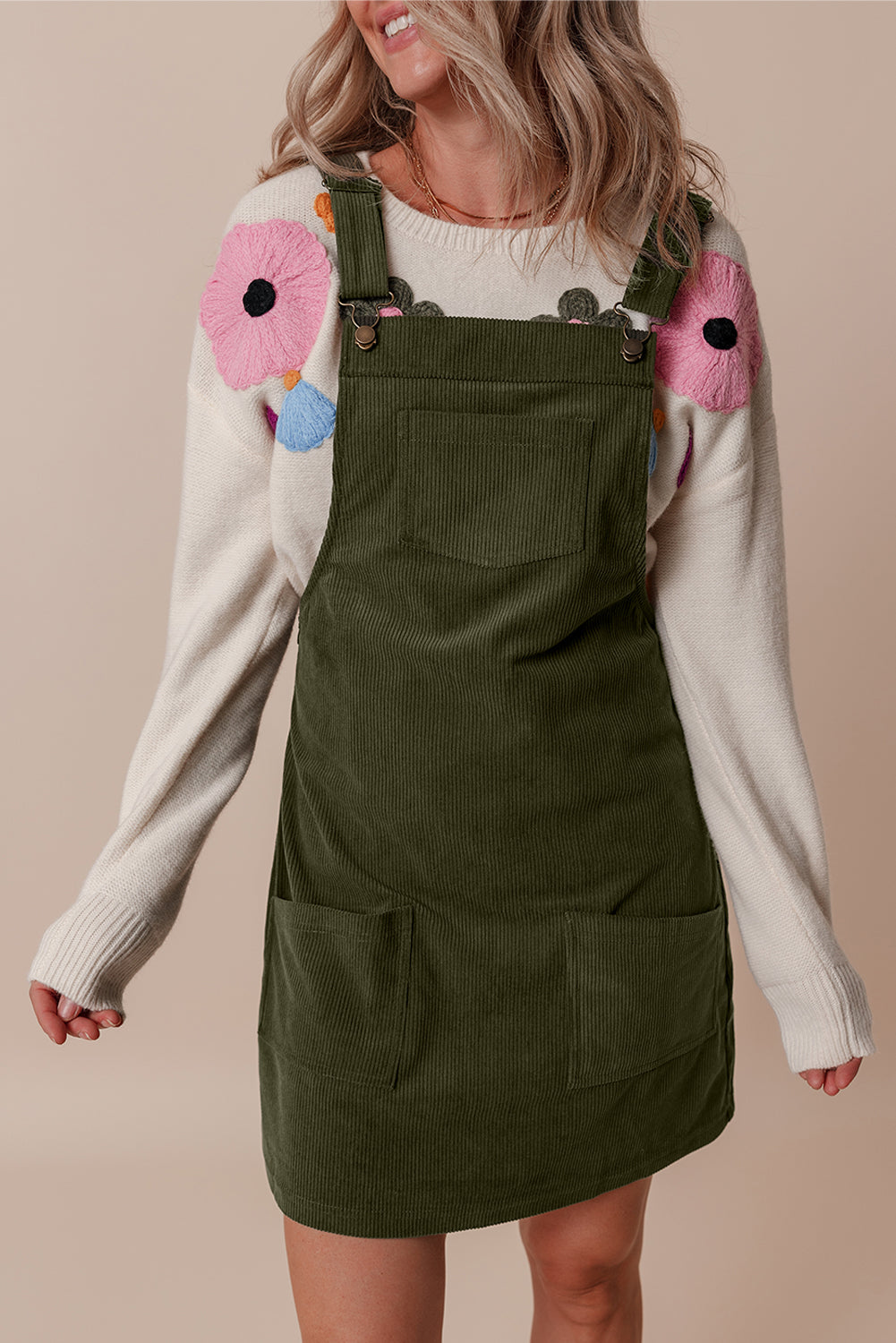 Blue Zone Planet | Vineyard Green Solid Front Pockets Sleeveless Corduroy Overall Dress-TOPS / DRESSES-[Adult]-[Female]-2022 Online Blue Zone Planet