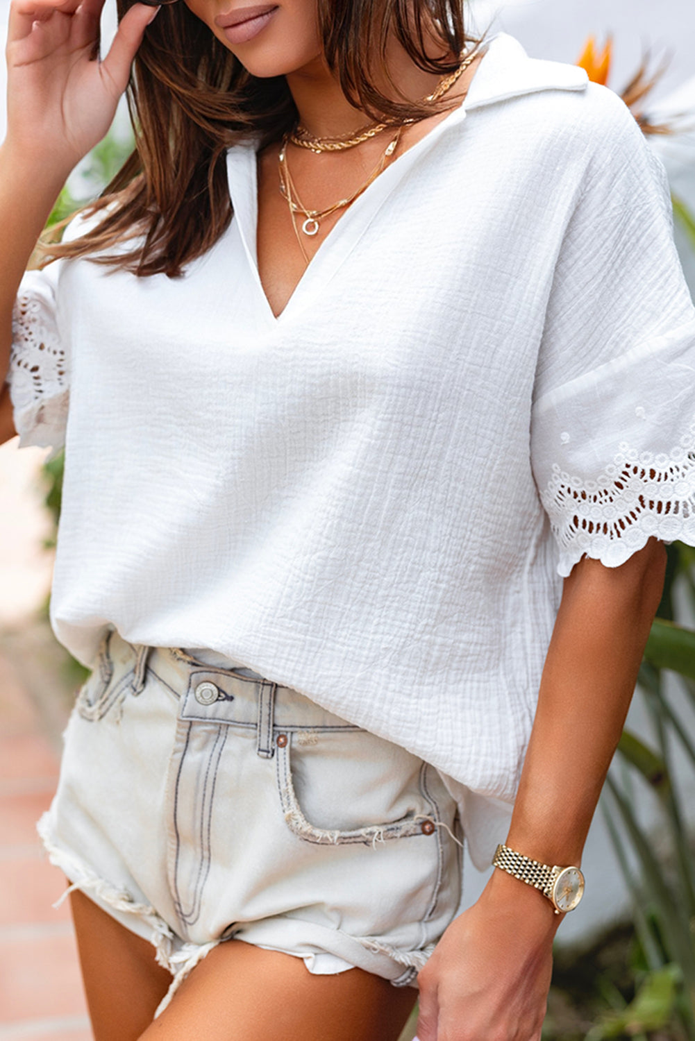 White Crinkled Lace Splicing Sleeve Collared V Neck Blouse-Tops/Blouses & Shirts-[Adult]-[Female]-2022 Online Blue Zone Planet