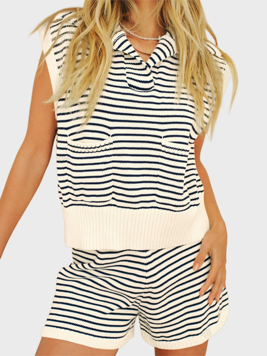 Striped Cap Sleeve Top and Shorts Sweater Set-TOPS / DRESSES-[Adult]-[Female]-Pastel Yellow-S-2022 Online Blue Zone Planet