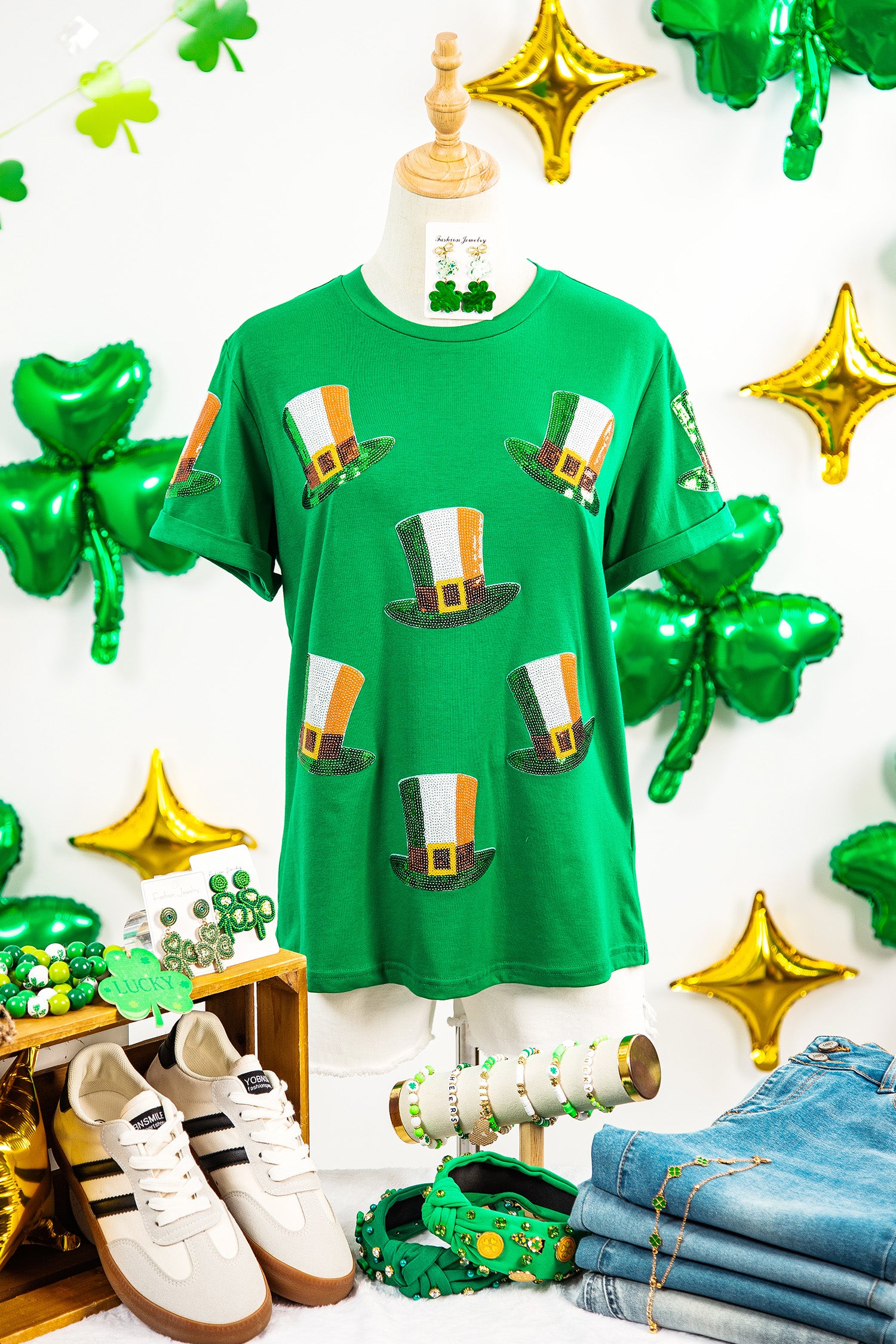 Bright Green Sequin St Patricks Day Hat Relaxed T Shirt-Graphic/Graphic Tees-[Adult]-[Female]-2022 Online Blue Zone Planet