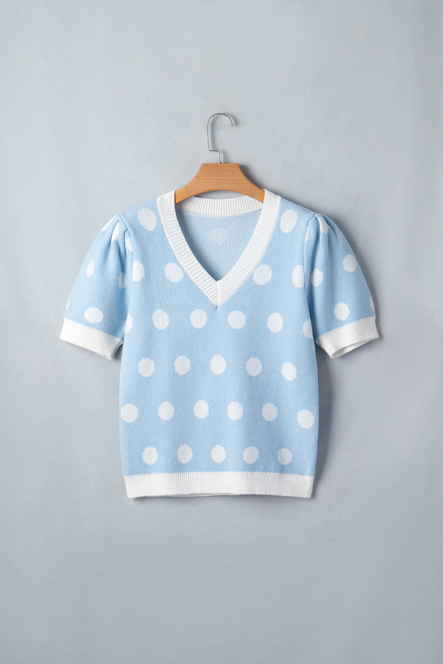 Rose Red Polka Dot Puff Short Sleeve Sweater Top-Sweaters & Cardigans/Short Sleeve Sweaters-[Adult]-[Female]-2022 Online Blue Zone Planet