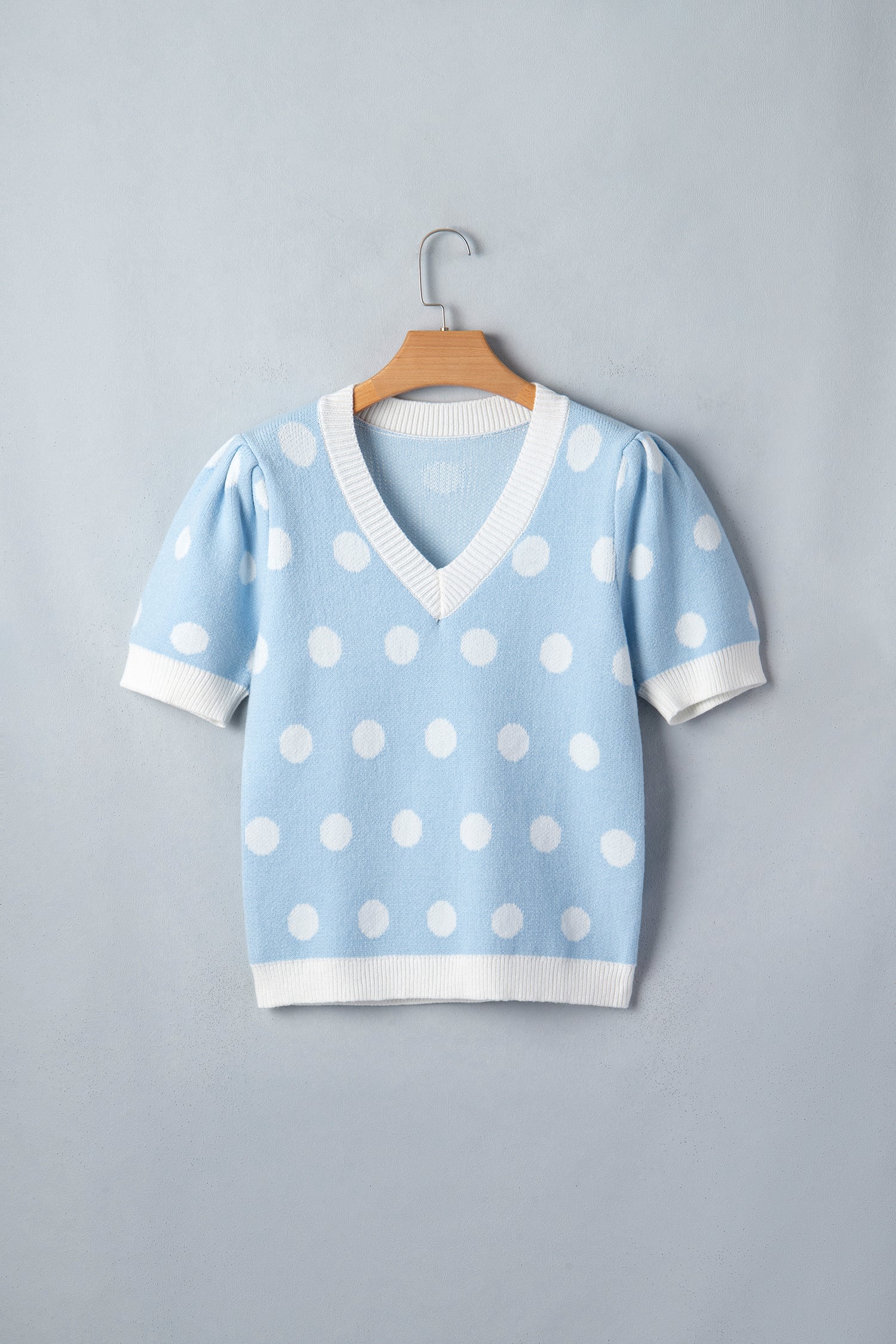 Rose Red Polka Dot Puff Short Sleeve Sweater Top-Sweaters & Cardigans/Short Sleeve Sweaters-[Adult]-[Female]-2022 Online Blue Zone Planet