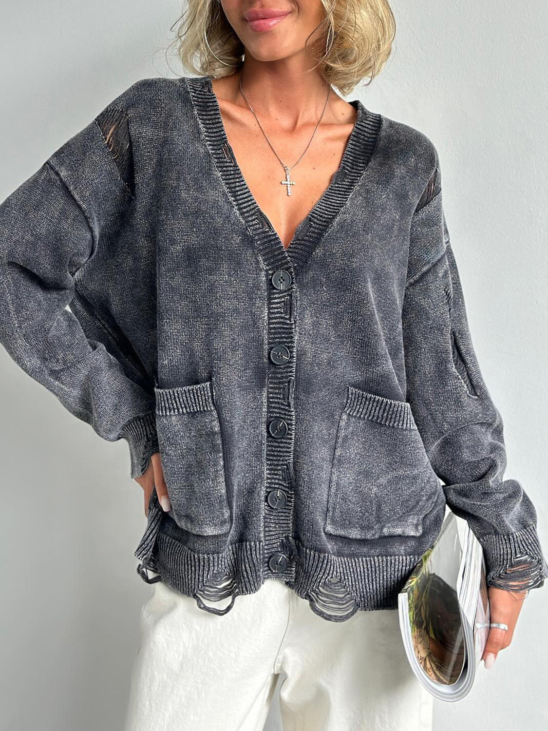 Distressed Button Down Long Sleeve Cardigan-TOPS / DRESSES-[Adult]-[Female]-2022 Online Blue Zone Planet