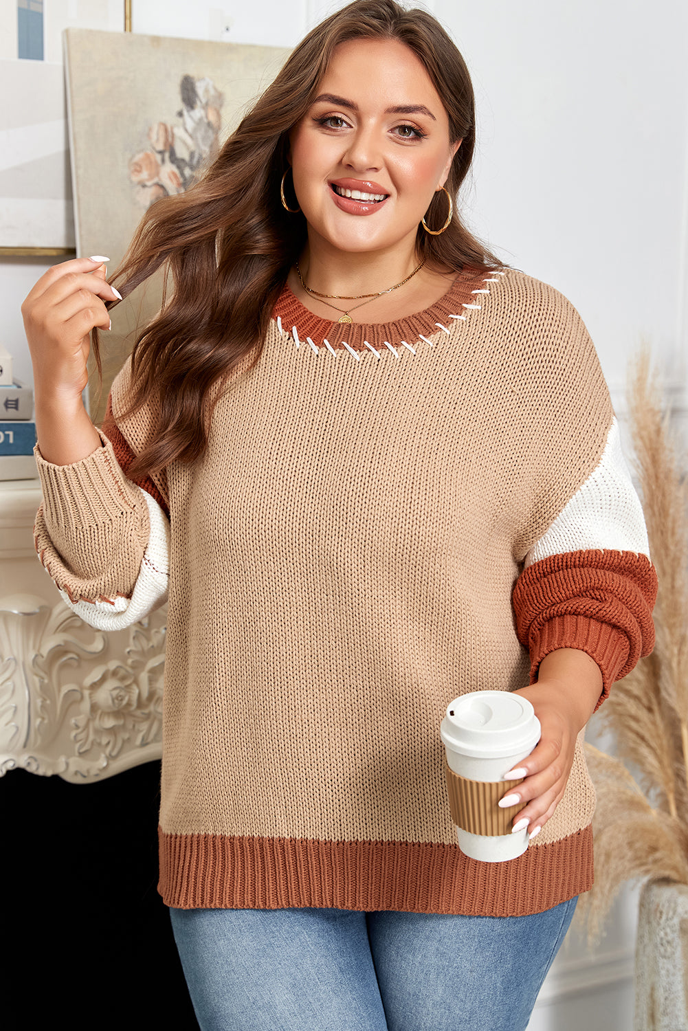 Light French Beige Contrast Stitch Detail Color Block Knitted Plus Size Sweater-TOPS / DRESSES-[Adult]-[Female]-2022 Online Blue Zone Planet