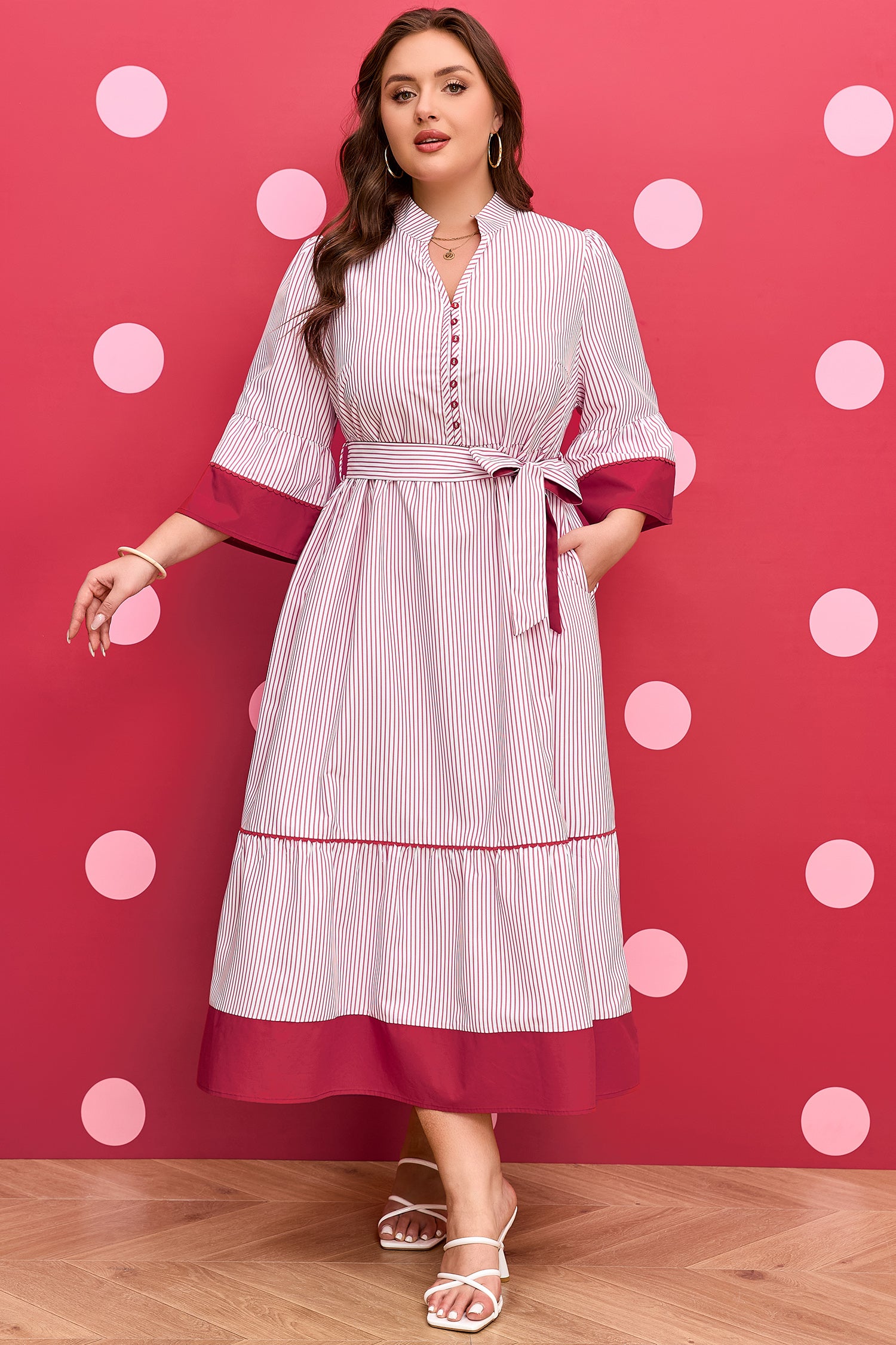 Red Stripe Plus Size Ruffled Hem Pinstriped Midi Dress-TOPS / DRESSES-[Adult]-[Female]-2022 Online Blue Zone Planet