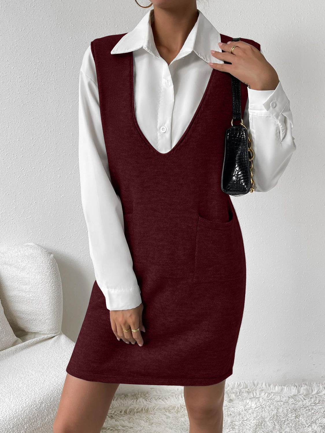 V-Neck Sleeveless Sweater Dress with Pockets-TOPS / DRESSES-[Adult]-[Female]-2022 Online Blue Zone Planet