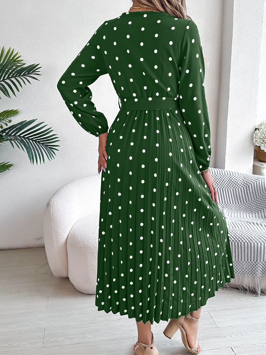 Blue Zone Planet | Tied Polka Dot Long Sleeve Midi Dress-TOPS / DRESSES-[Adult]-[Female]-2022 Online Blue Zone Planet