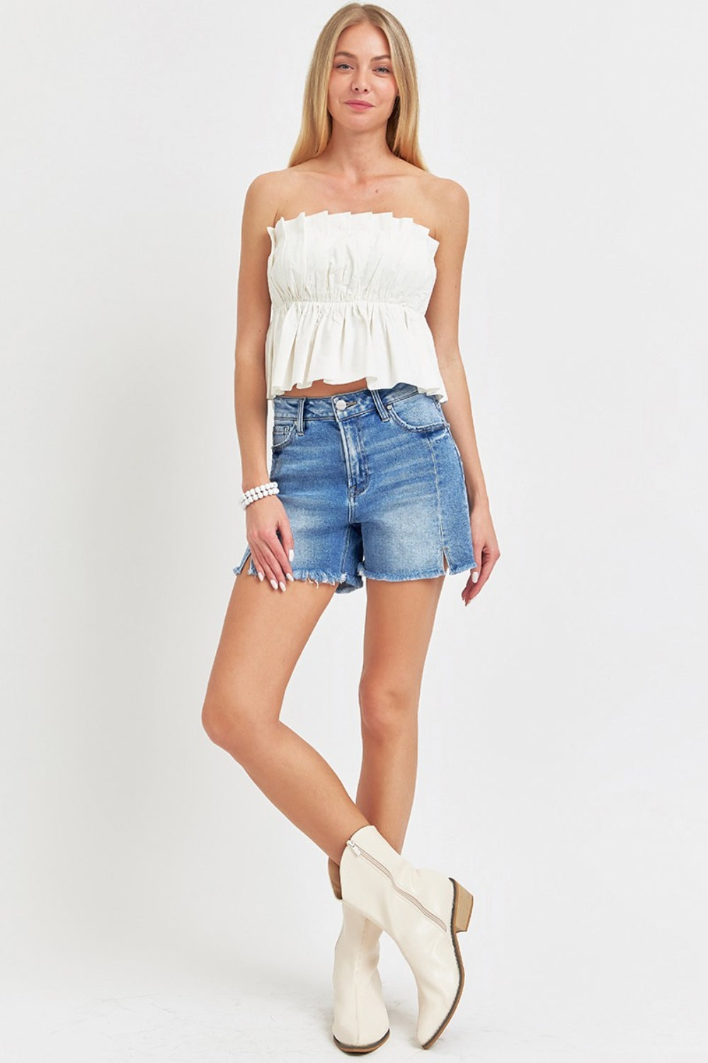 RISEN Front Slit Raw Hem Denim Shorts-TOPS / DRESSES-[Adult]-[Female]-2022 Online Blue Zone Planet