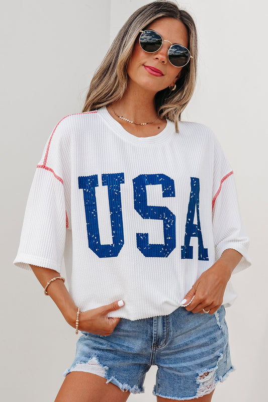 Fiery Red Usa Graphic Half Sleeve Loose Ribbed Top-Tops/Tops & Tees-[Adult]-[Female]-2022 Online Blue Zone Planet