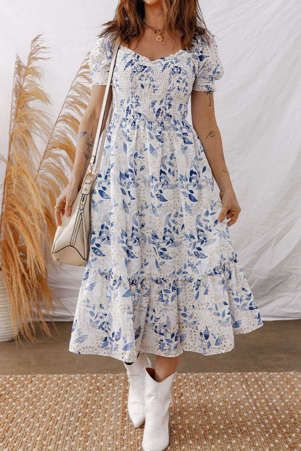 Sky Blue Smocked Bodice Short Puff Sleeve Tiered Floral Midi Dress-TOPS / DRESSES-[Adult]-[Female]-2022 Online Blue Zone Planet