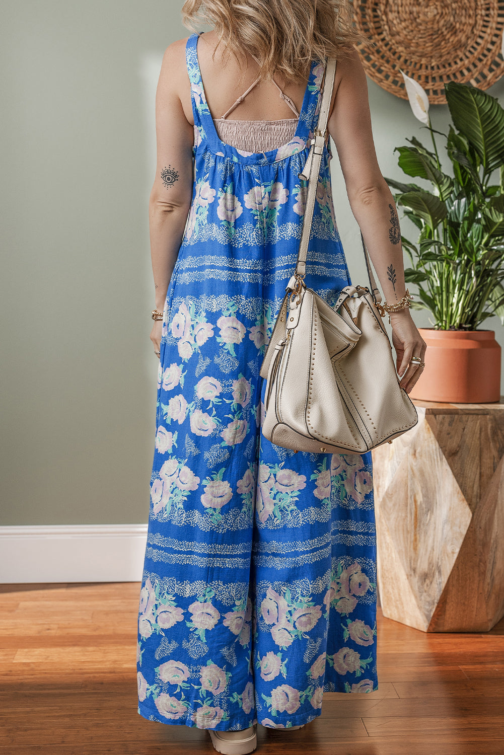 Blue Floral Print Wide Leg Sleeveless Jumpsuit-Bottoms/Jumpsuits & Rompers-[Adult]-[Female]-2022 Online Blue Zone Planet