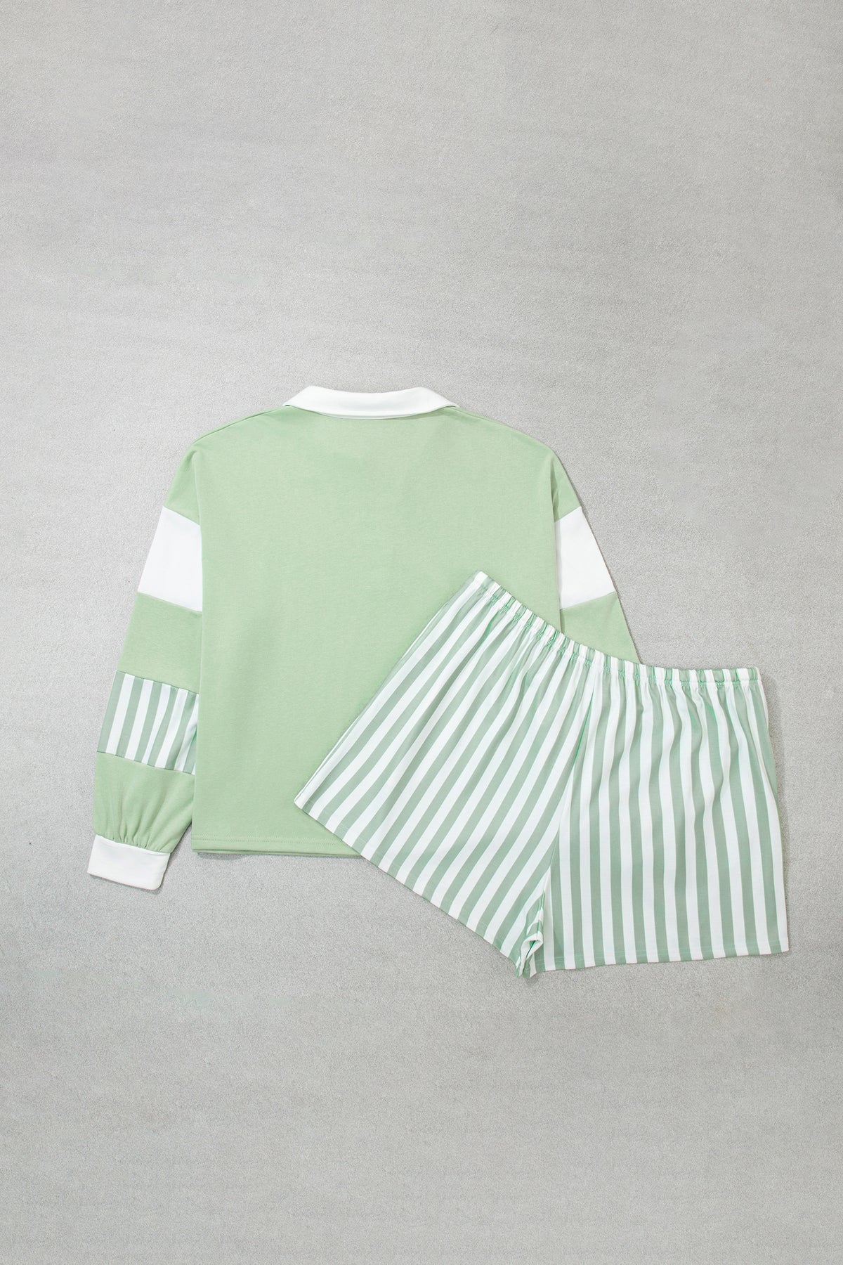 Smoke Green Striped Patchwork V Neck Two Piece Shorts Plus Size Set-Plus Size/Plus Size Loungewear-[Adult]-[Female]-2022 Online Blue Zone Planet