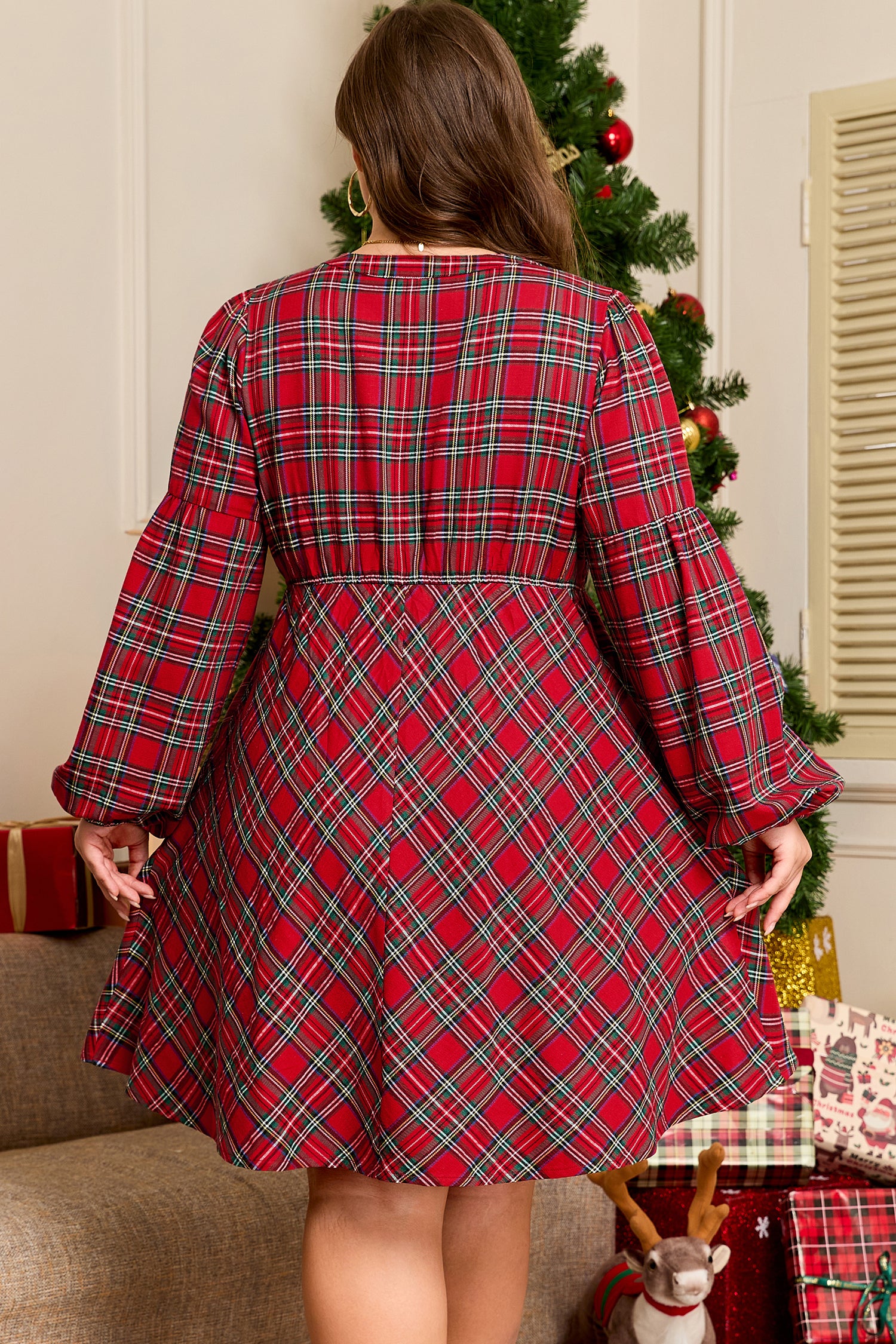 Red Plus Size Plaid Half Button Long Sleeve Holiday Dress-TOPS / DRESSES-[Adult]-[Female]-2022 Online Blue Zone Planet