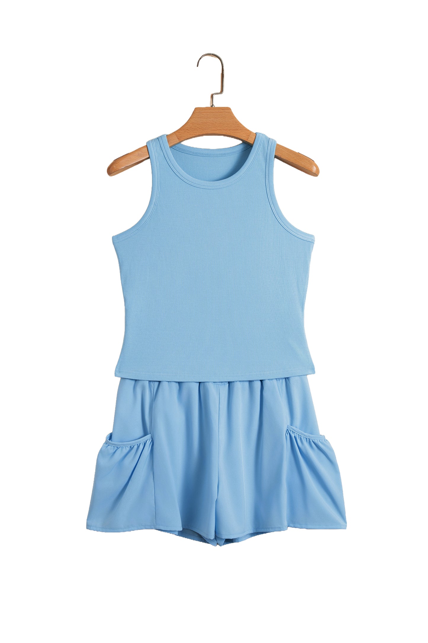 Mist Blue Ribbed Slim Tank Pocketed Wide Leg Shorts Set-Two Piece Sets/Short Sets-[Adult]-[Female]-2022 Online Blue Zone Planet