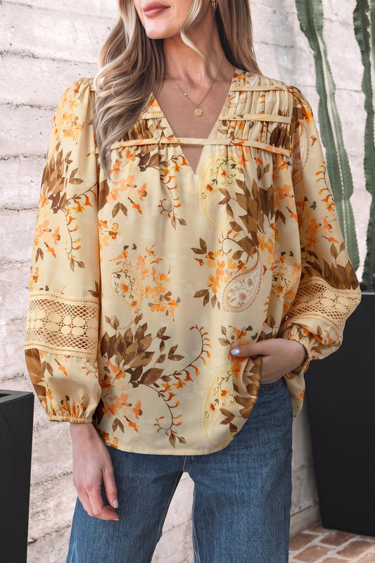 Khaki Paisley Print Decorative Binding Tape V Neck Shift Blouse-Tops/Blouses & Shirts-[Adult]-[Female]-Khaki-S-2022 Online Blue Zone Planet